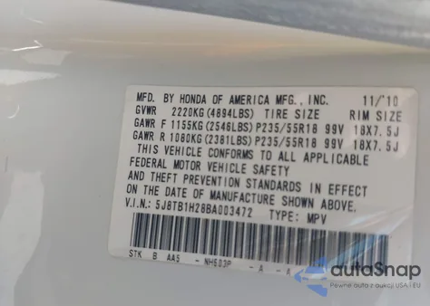 2011 Acura Rdx from USA, damaged, VIN 5J8TB1H28BA003472